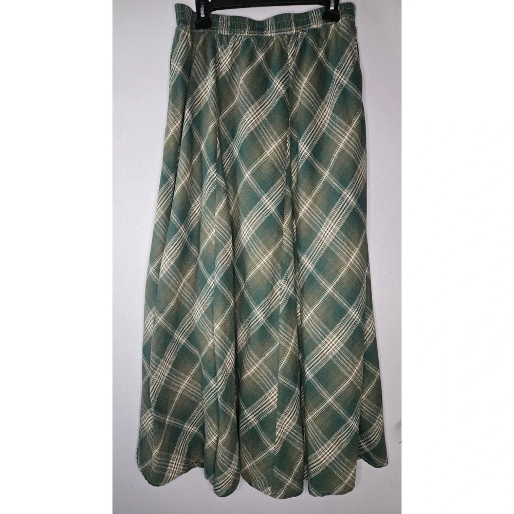 Scarlet Darkness Green Plaid Maxi Skirt XL Cottagecore Renaissance Elastic Waist